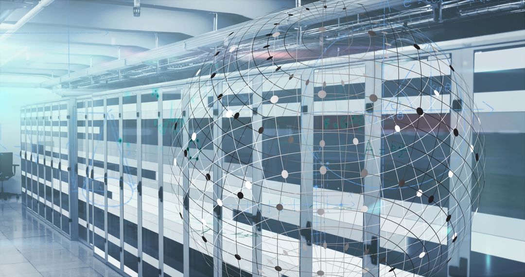 Globe with Network Design Overlaying Modern Data Servers Background