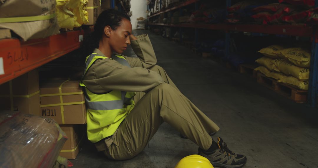 Tired Worker Resting in Warehouse Wearing Safety Gear - Free Images, Stock Photos and Pictures on Pikwizard.com