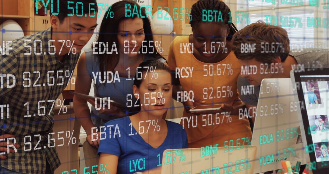 Diverse Team Collaborating with Stock Market Data in Modern Office
