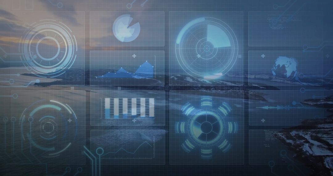 Futuristic Data Visualization Overlay on Coastal Horizon
