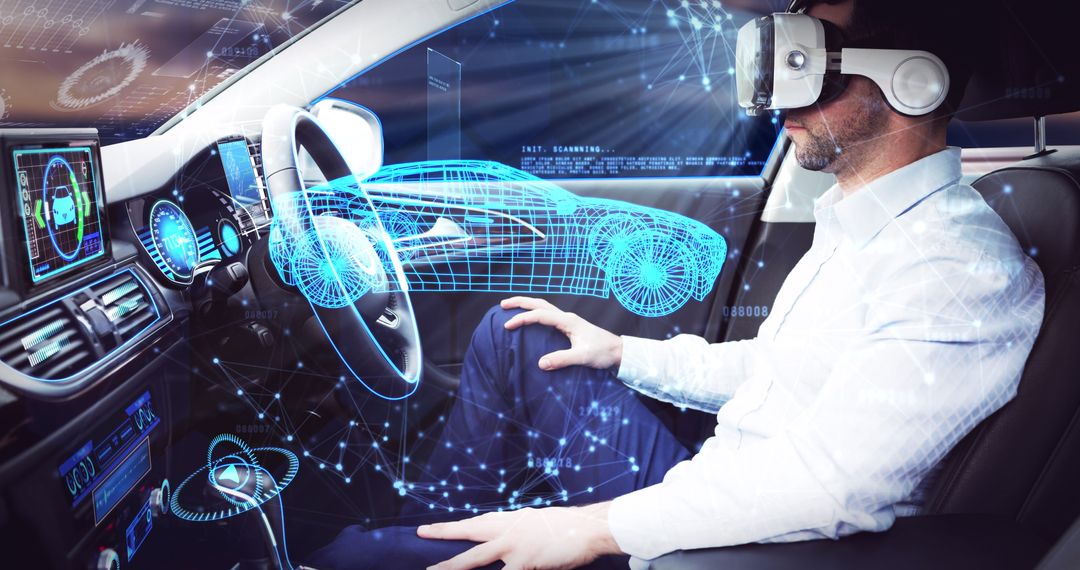 Businessman Experiencing Virtual Reality in Self-Driving Car Concept