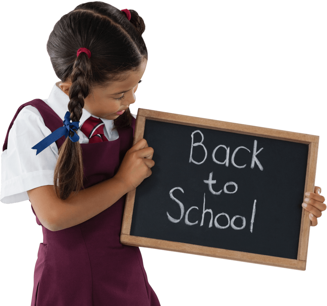 Schoolgirl Holding Slate with Back to School Text on Transparent Background