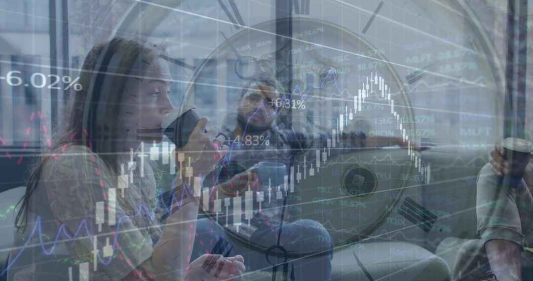 Diverse Business Team Analysing Financial Data with Clock Overlay