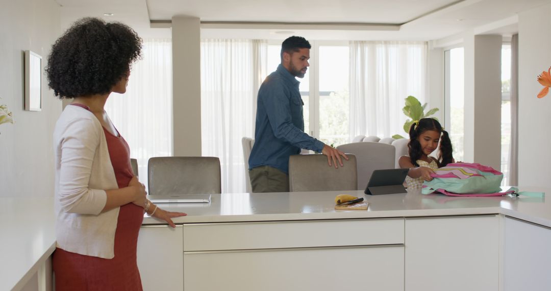 Morning Routine of Diverse Family in Modern Kitchen