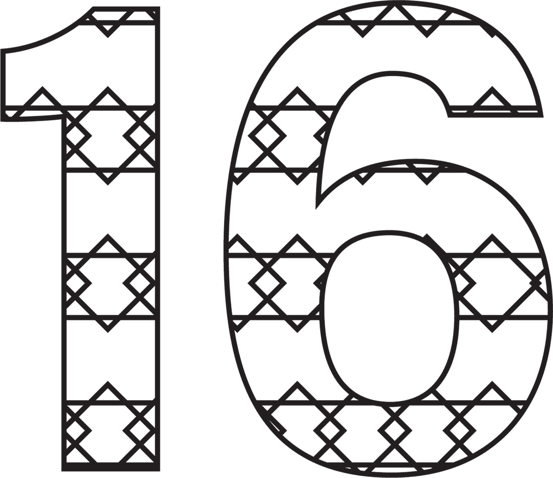 Black Number 16 with Pattern on Transparent Background Illustration