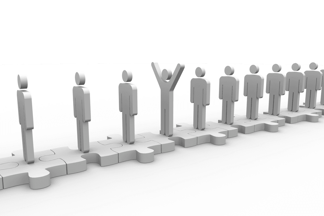 Row of Figures on Puzzle Pieces with Single Uplifted Figure, Transparent Background