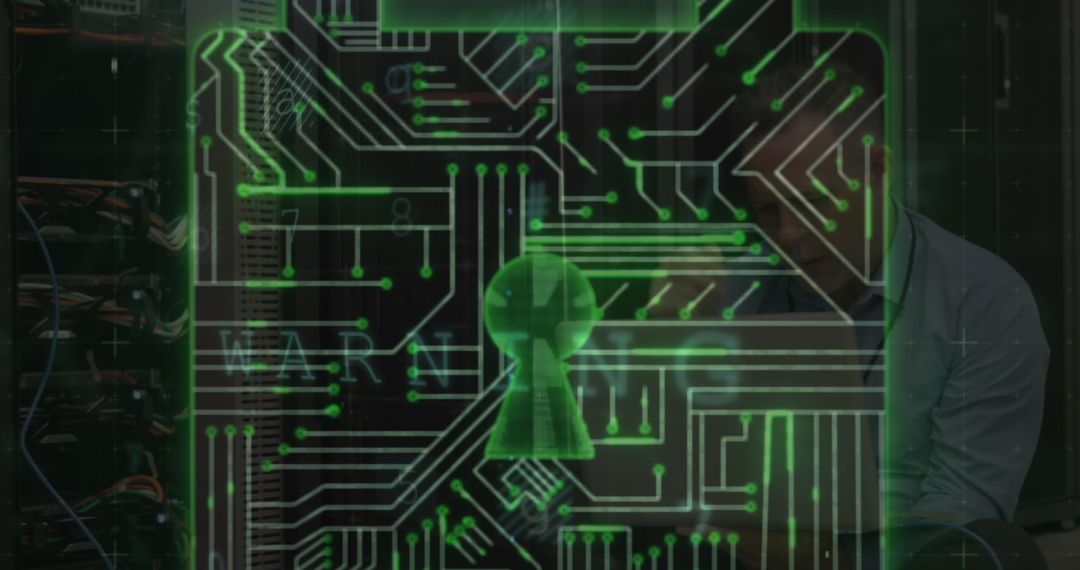 Digital Security Interface with Engineer Working on Laptop