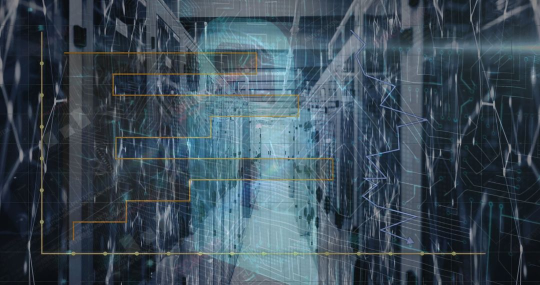 Futuristic Data Center Aisle with Holographic Network Overlay