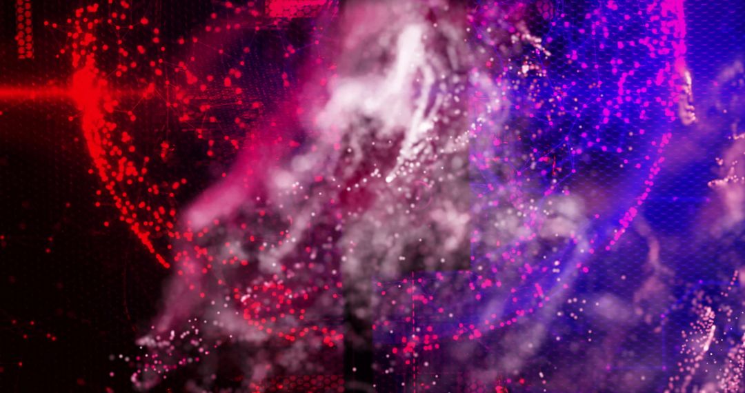 Dynamic Red and Purple Particle Explosion Over Dark Background