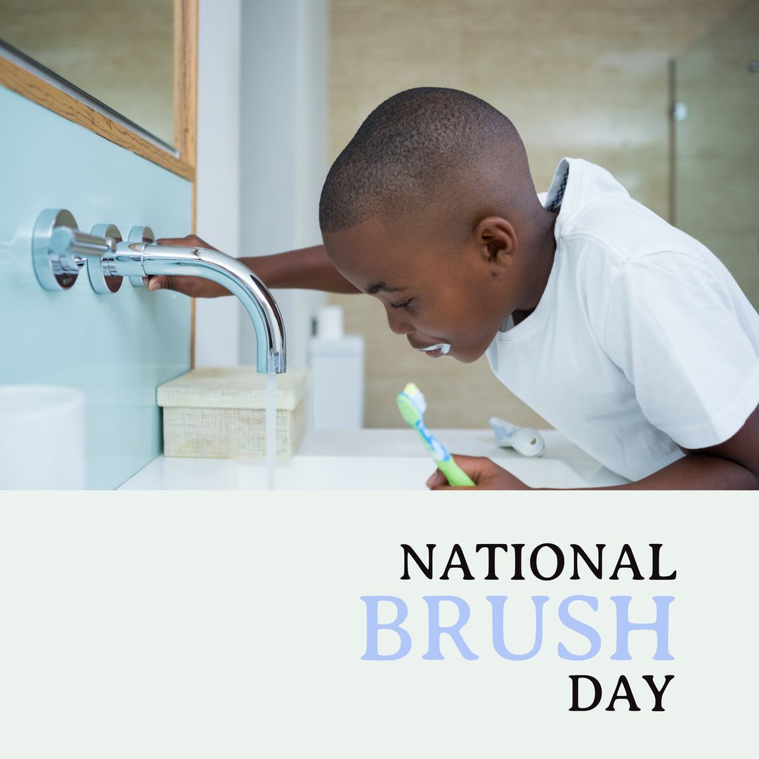 Composition of national brush day text over african american boy brushing teeth - Download Free Stock Templates Pikwizard.com