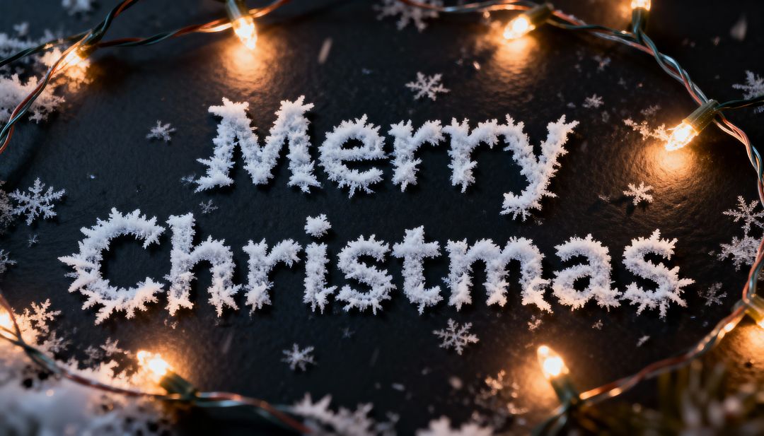 Merry Christmas frosted lettering with snowflake confetti and glowing fairy lights