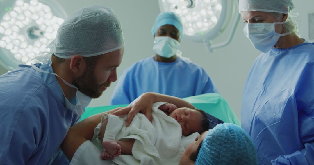Doctors and Parents Bonding with Newborn in Operating Room