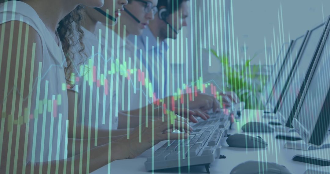 Diverse Team in Call Center with Financial Data Overlay