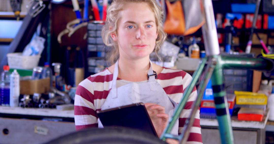 Female Mechanic Using Tablet in Bicycle Repair Workshop - Free Images, Stock Photos and Pictures on Pikwizard.com