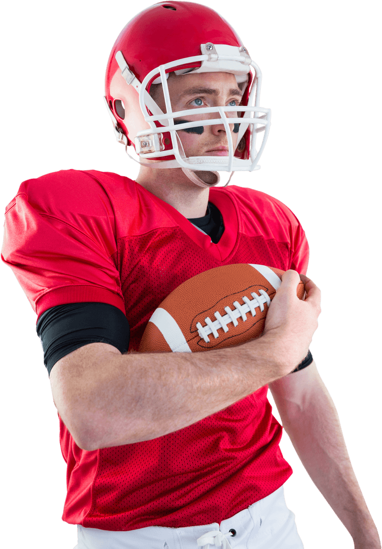 Focused American Football Player in Red Uniform Transparent
