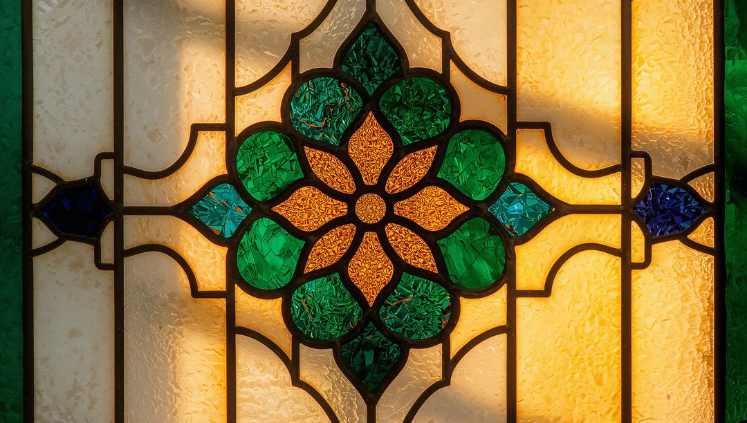 Ornate Stained Glass Window with Intricate Floral Pattern
