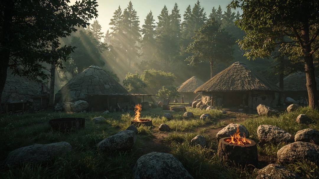 Sunbeams Illuminate Rustic Village of Round Huts in Forest Clearing