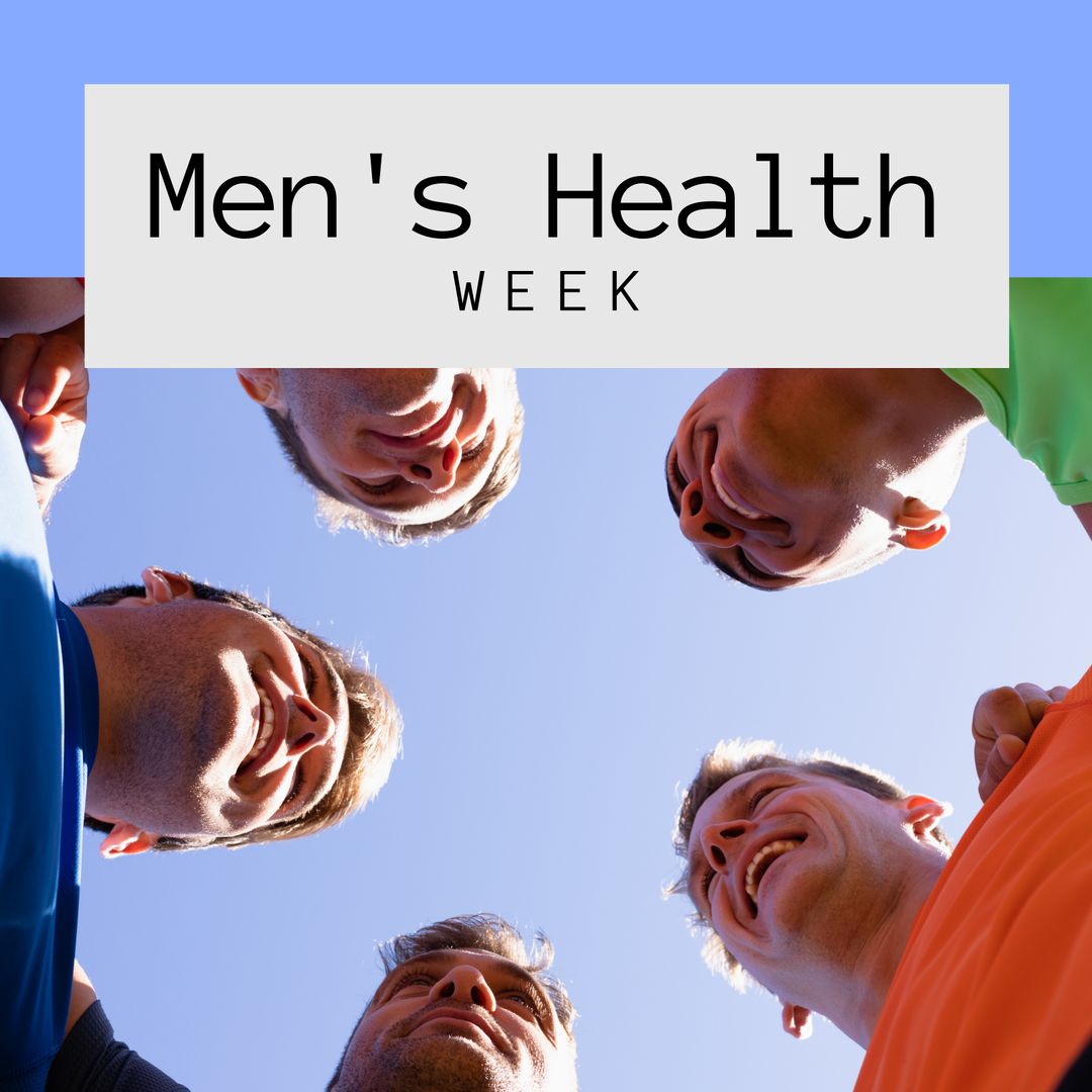 Low Angle View of Smiling Men Huddling for Men's Health Week Awareness