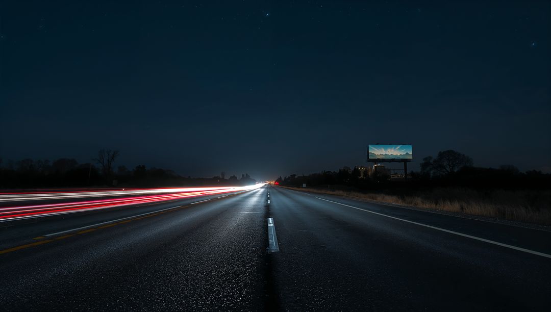 Midnight Highway Stretching to Horizon with Motion Light Trails and Billboard Glow