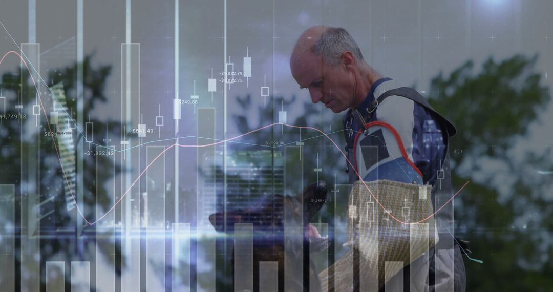 Arborist Using Tablet for Data Analysis in Orchard with Financial Overlay