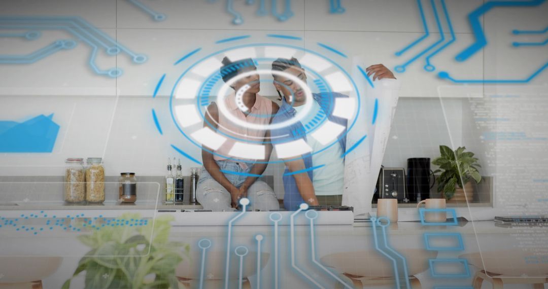 Couple exploring augmented reality home design using holographic interface in kitchen