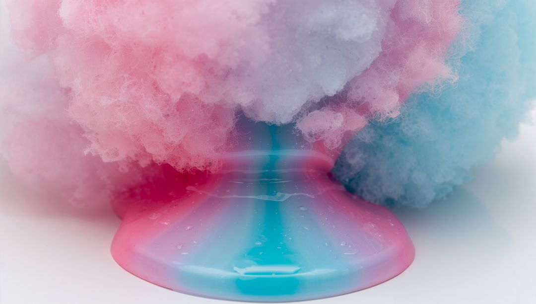 Pastel Pink-Blue Cotton Candy Melting Over Glossy Syrup Puddle, Macro Confection Closeup