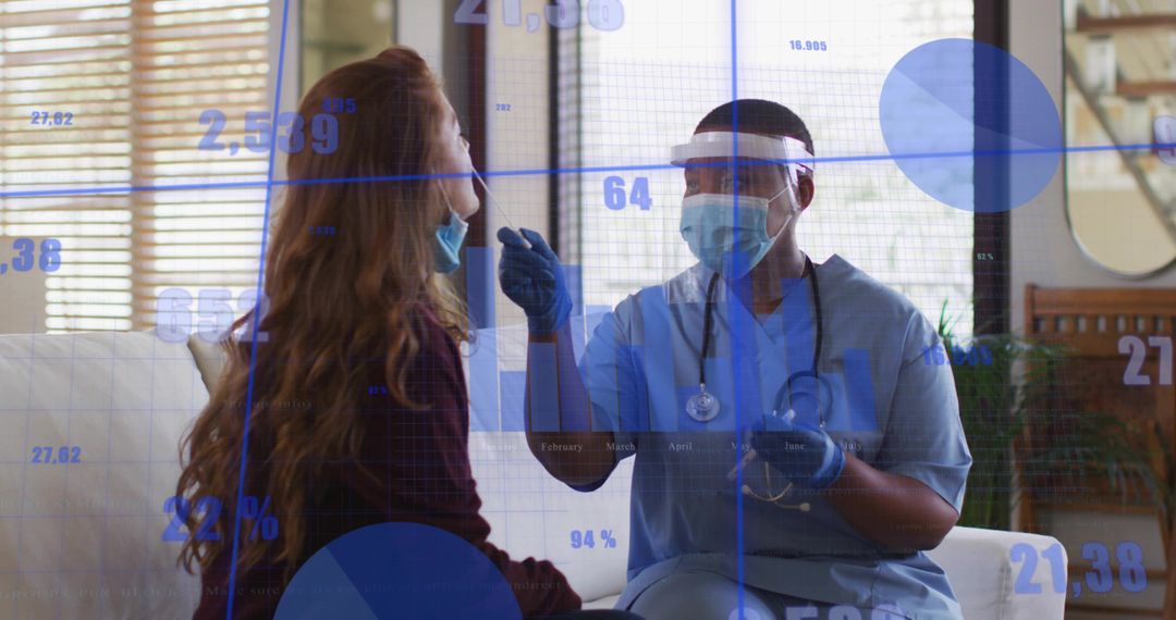 Nurse collecting nasal swab during home visit with digital health data overlay
