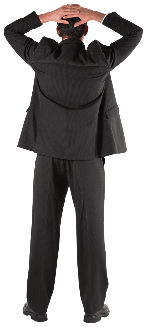 Transparent Businessman Viewed from Behind Resting Hands on Head