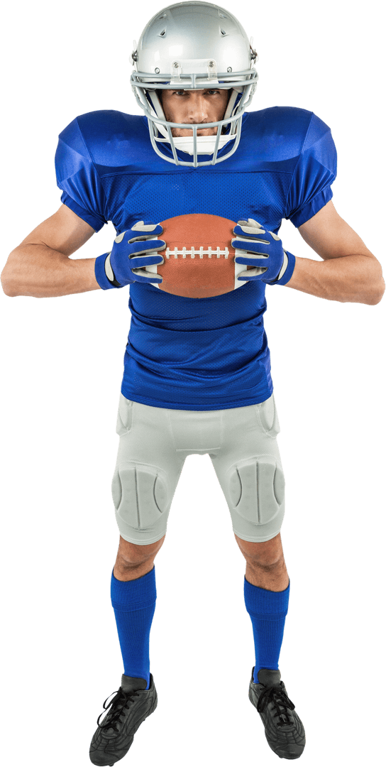American Football Player in Blue Uniform Holding Ball Transparent Background