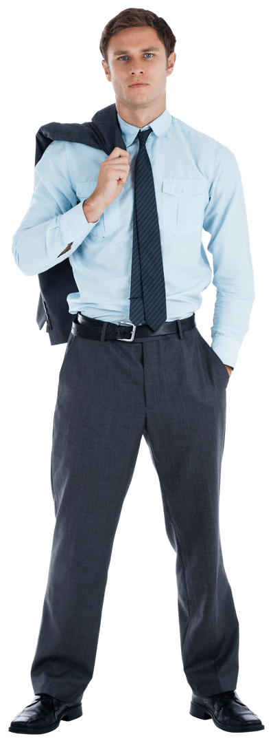 Transparent Businessman Holding Jacket Confidently