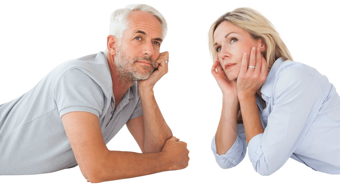 Thoughtful Middle-Aged Couple Lying on Floor Transparent Background