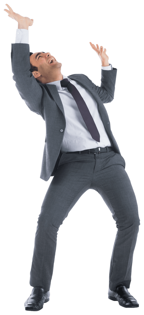 Transparent Businessman Stress Reaction with Raised Arms