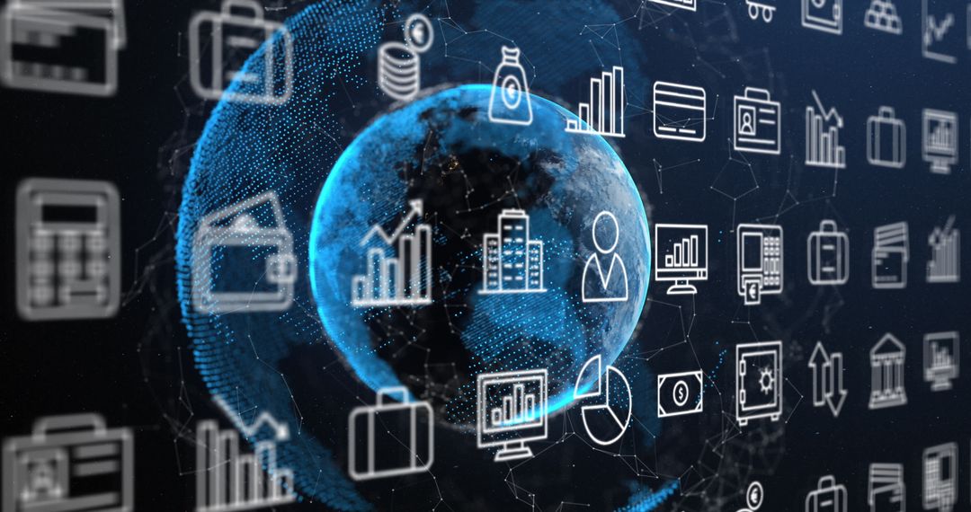 Digital Icons Over Globe Representing Business Technology Network