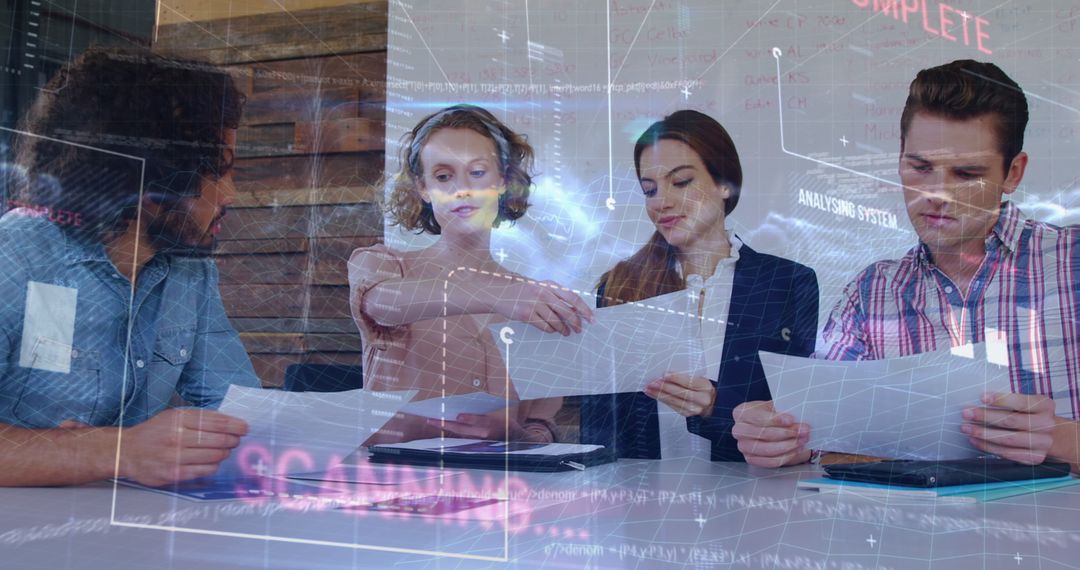 Business Team Analyzing Data Documents in Modern Office