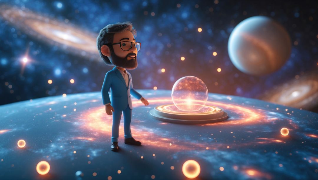 Futuristic astrophysicist observing holographic universe projection