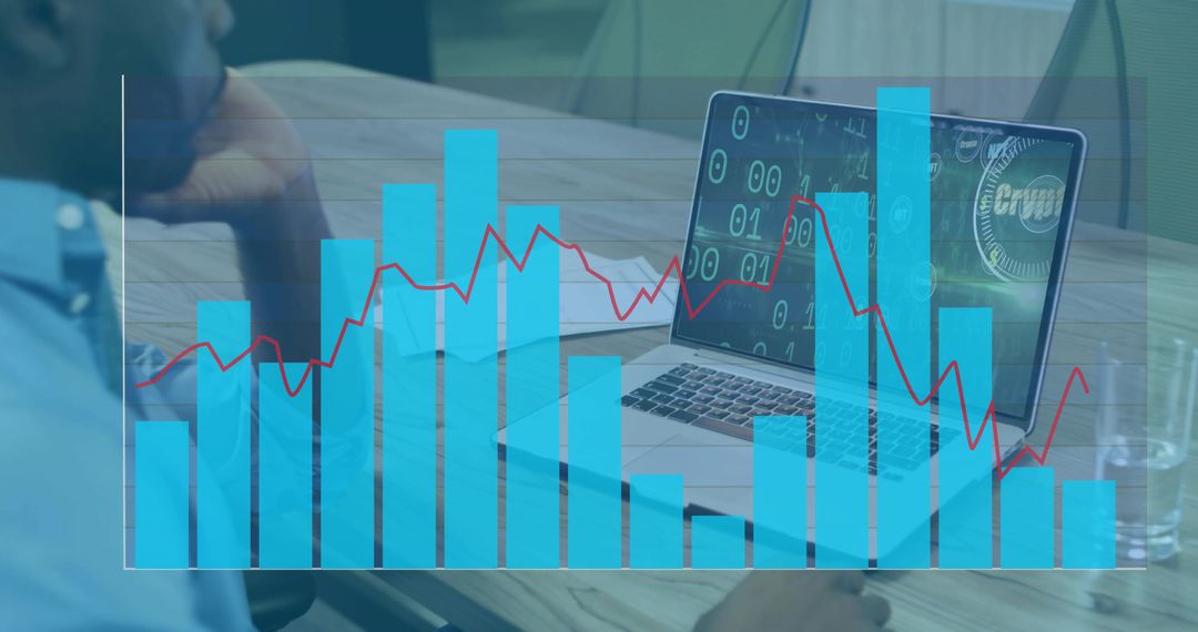 Business analyst studying laptop dashboard with data overlay, cybersecurity visualization