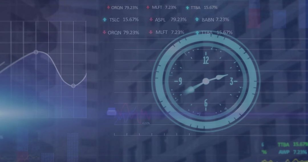 Clock and Financial Data Overlaid on Cityscape