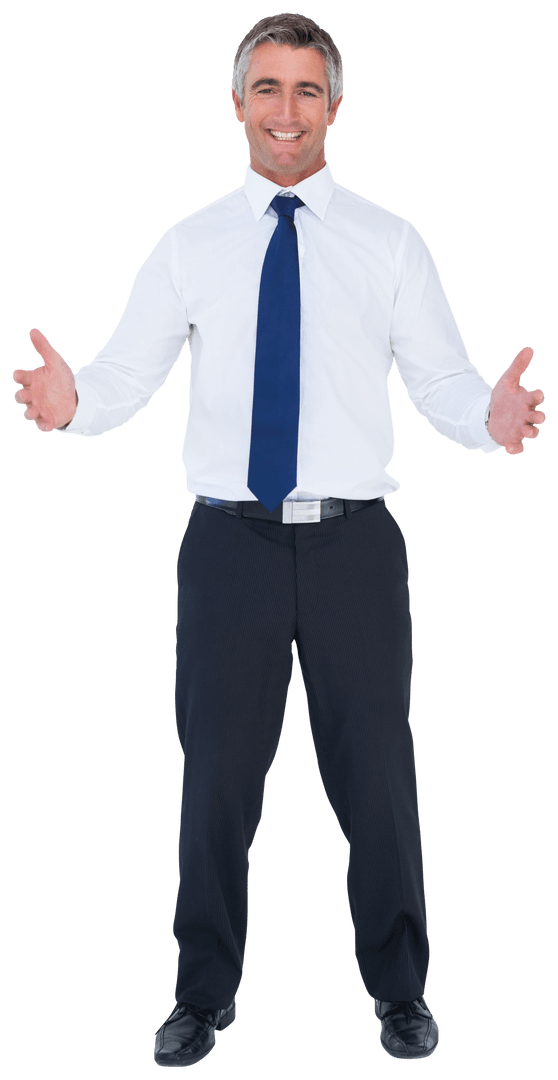 Transparent Smiling Businessman Making Welcoming Gesture