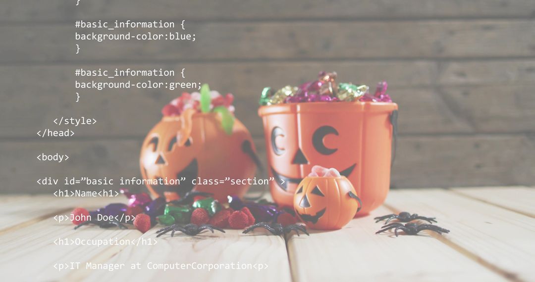 Spilling Halloween Pumpkin Buckets with Candy and Spiders on Rustic Wood with Code Overlay