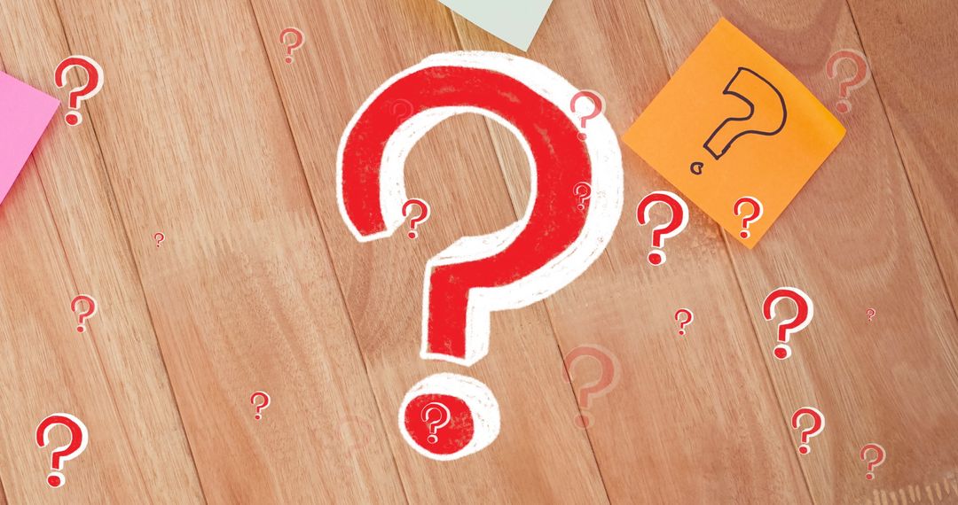 Multicolor Notes with Prominent Red Question Marks on Wood Surface