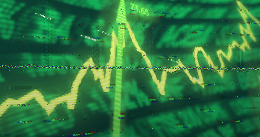Glitched stock market chart overlaying currency note, displaying volatility and digital data