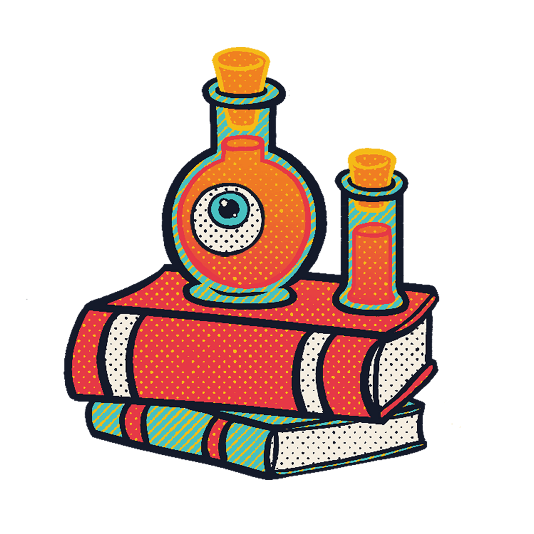 Vintage Comic Style Eyeball Flask on Books with Transparent Background