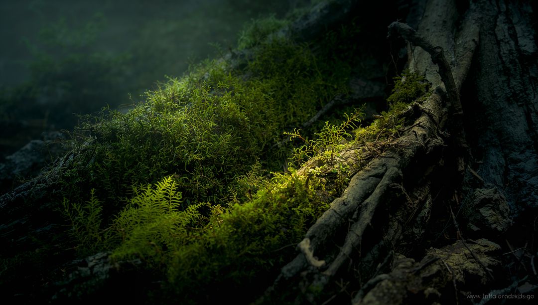 Sunlit moss and fern fronds glowing on gnarled tree roots in misty forest understory