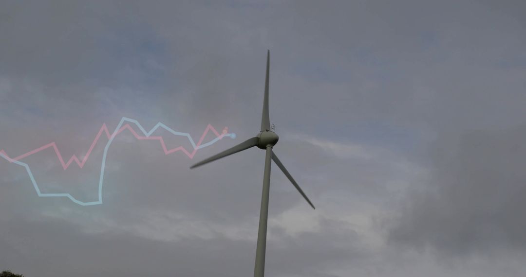 Utility-scale wind turbine spinning under moody clouds with pastel waveform overlay for energy data