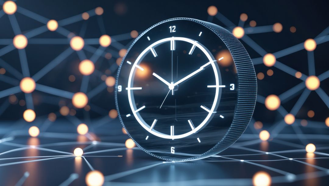 Futuristic Digital Clock with Connected Data Nodes Background