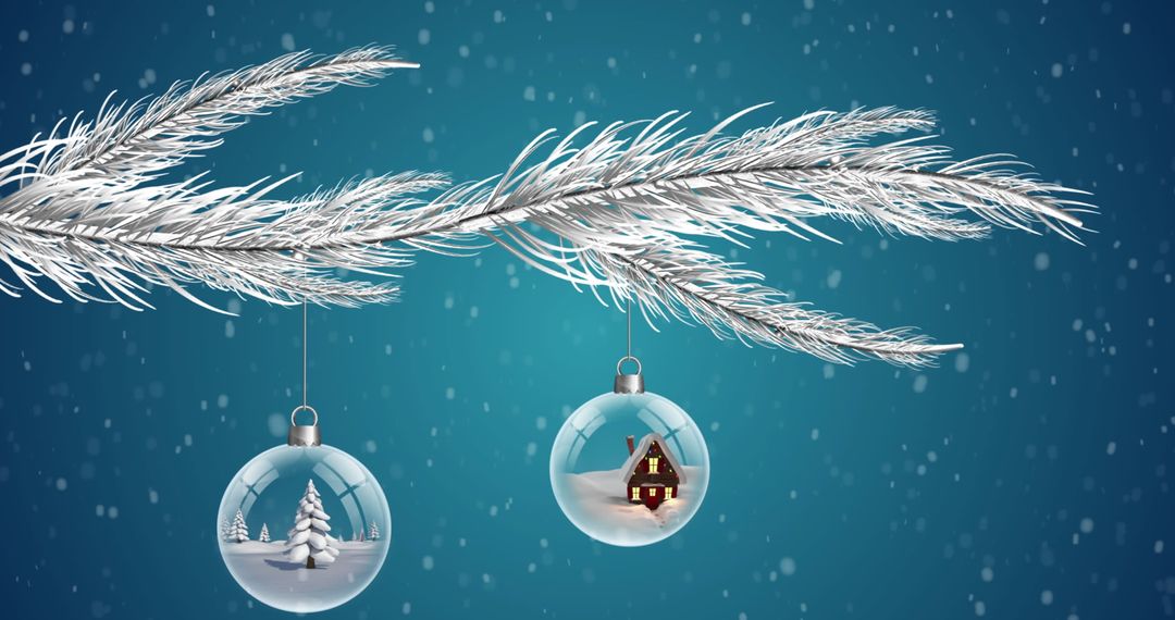 Christmas Baubles Hanging from Silver Fir Branch with Snowfall