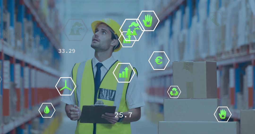 Warehouse supervisor inspecting inventory with digital logistics, sustainability overlays