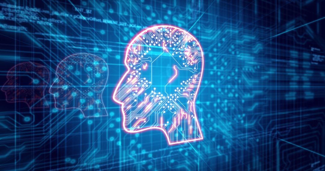 Neon Human Head with Microchip Neural Connections