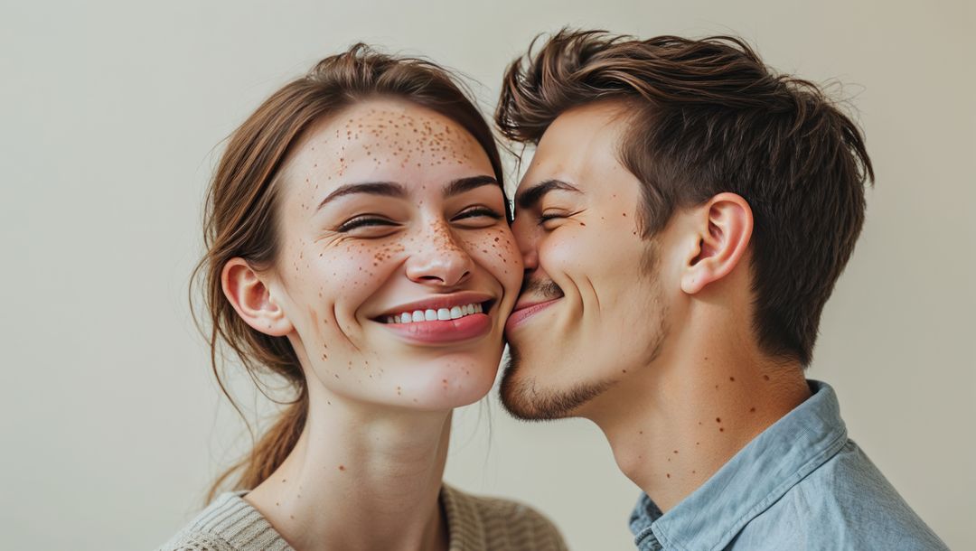 Happy Couple Sharing Intimate Cheek Kiss with Freckles Celebrating Love