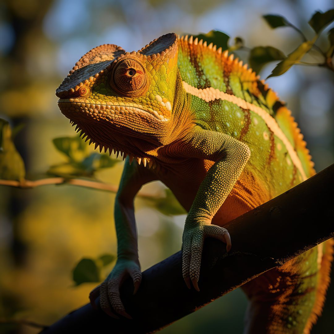 Colorful Chameleon on Branch in Natural Habitat at Sunset - Free Images, Stock Photos and Pictures on Pikwizard.com